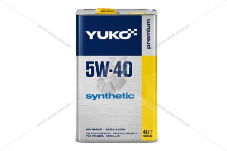 Олива моторна 5W-40 (V) SYNTHETIC, API SN/CF, 4л. YUKO '26378
